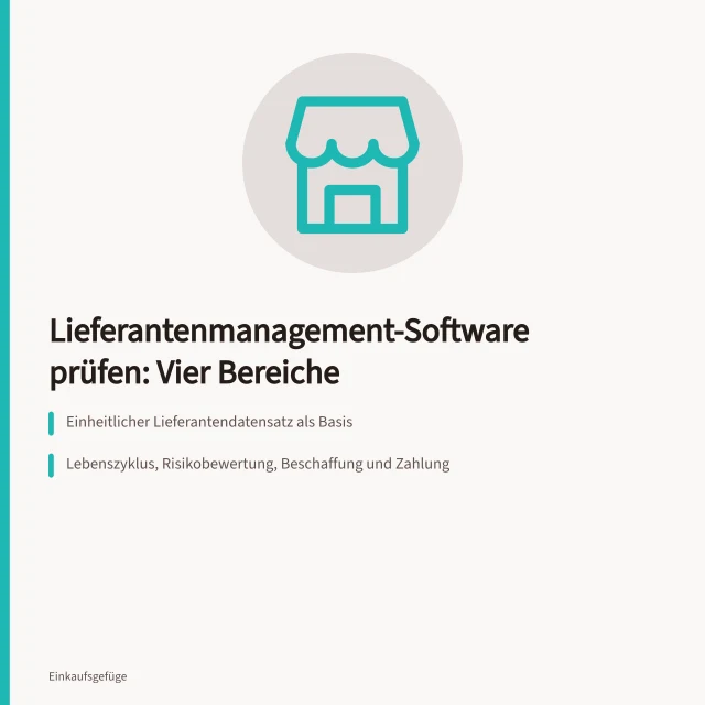 Karte zu Lieferantenmanagement-Software mit vier Prüfbereichen und Belegabgleich. Lieferantenmanagement-Software: Funktionen und Prüffragen für das Anbietergespräch